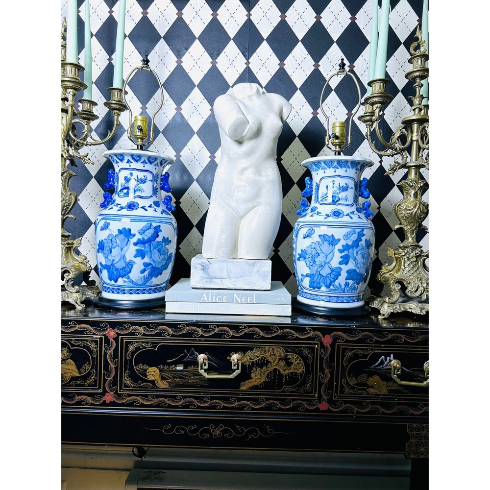 Chinoiserie Blue White Porcelain Lamp Pair Foo Dog Handles 26in - Picture 8 of 17